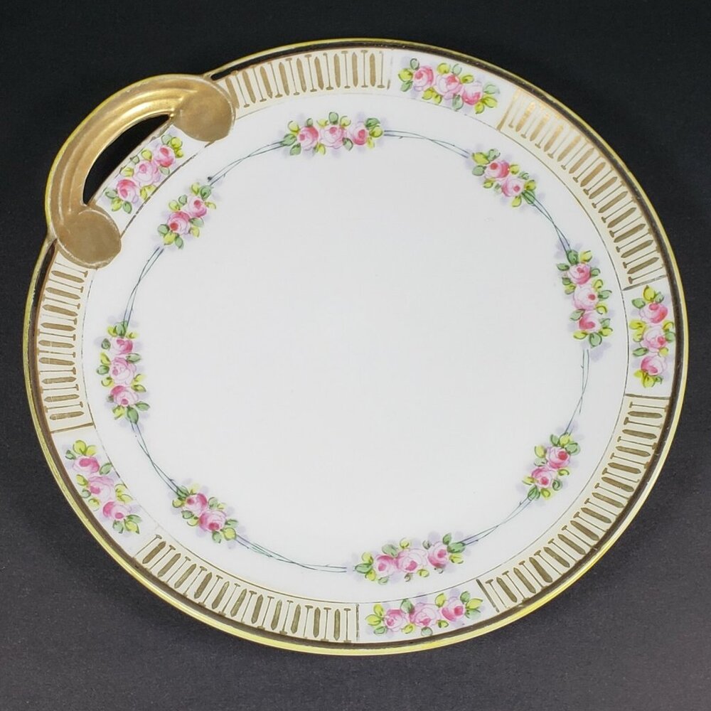 Nippon Handled Plate – Hand Painted Roses & Gold Trim, 7.5”